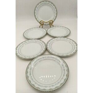 Vtg Noritake Margaret Salad Plates 8.25in Set of 6 White/Green Platinum 6243